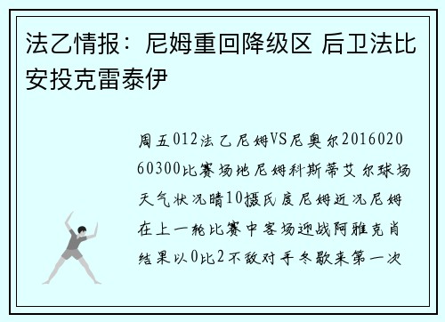 法乙情报:尼姆重回降级区 后卫法比安投克雷泰伊
