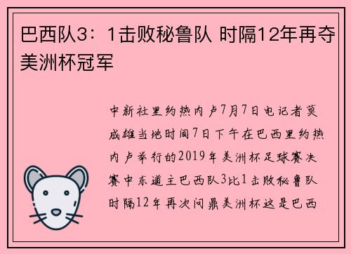 巴西队3：1击败秘鲁队 时隔12年再夺美洲杯冠军